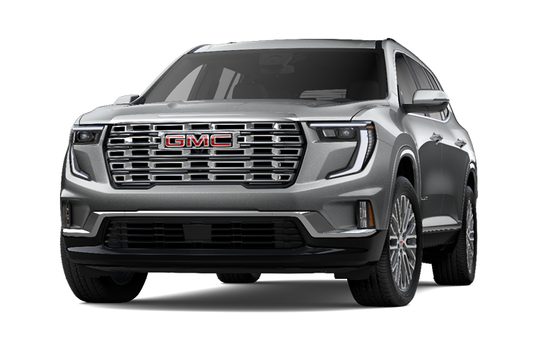 Silver GMC Acadia SUV viewed from the front three-quarter angle