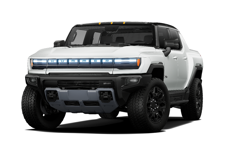 White GMC Hummer electric pickup truck with black accents